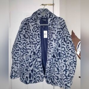 NEW! BLUE LEOPARD PRINT FAUX FUR COAT XS